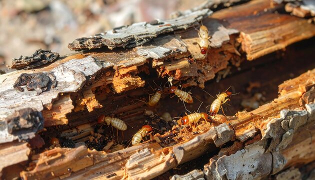 Termites infesting a wooden log, showcasing insect behavior and wood damage
