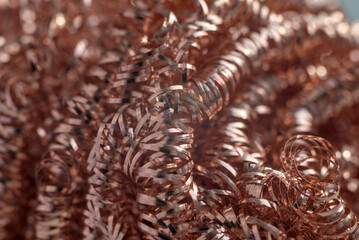 Copper metal shavings close up