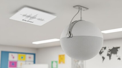 Image features a suspended orb speaker and a ceilingmounted plate with Echo Control text in a modern brightlylit room setting