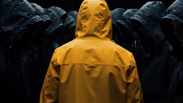 A lone person in a vibrant yellow raincoat stands out among a dark crowd of figures symbolizing individuality and strength against conformity