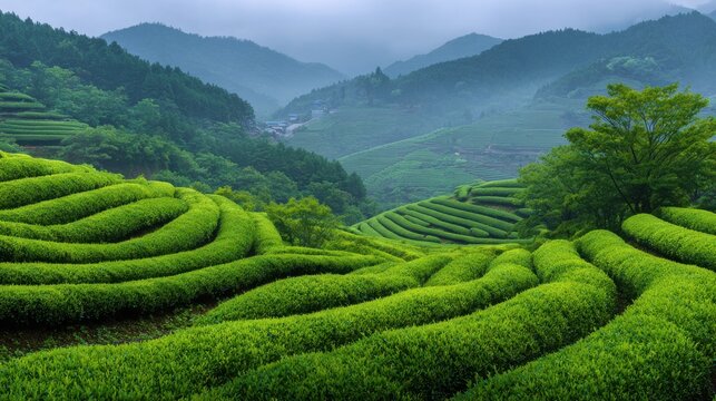 In a rural area, tea fields span across rolling hills. The crops are arranged in winding patterns. Clouds hang low above the landscape, creating a misty scene