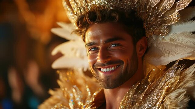 man dances samba amidst the colorful atmosphere of carnival in Rio de Janeiro on the background of fireworks.Bright traditional clothes with feathers. Banner. Copy space
