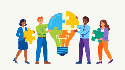 Teamwork concept. Diverse business people assembling lightbulb puzzle. Innovation collaboration partnership. Creative idea solution. Connecting jigsaw pieces. Corporate strategy.