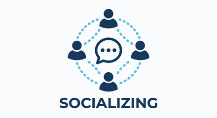 Socializing Circle: An engaging illustration of a network of people connected through a central dialogue bubble, representing the essence of community, communication, and social interaction.