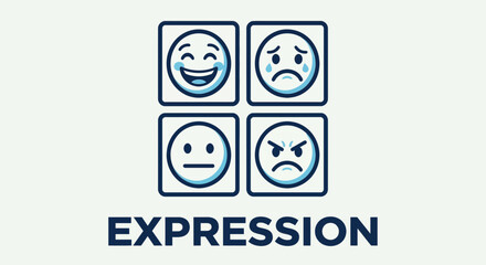 Visual Metaphors of Emotion: A simple yet impactful design, using a grid of emoticons to showcase a range of human feelings, accompanied by the bold word EXPRESSION below.