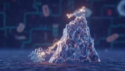 Abstract molecular structure with glowing particles and illuminated circuit board background digital art