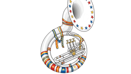 A colorful sousaphone with stars and stripes, ready for a festive parade
