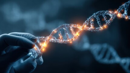 A hand holds a double helix model of DNA glowing with light. The scene takes place in a laboratory during a research session focused on genetics and molecular biology