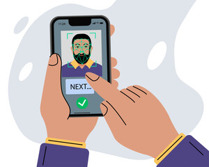 Verification ID is an illustration of Verification ID using system of face recognition and personal ID. The concept is take a photo by holding their own ID to get verified. Vector illustration.