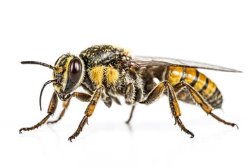 Close-up of a bee with yellow and black stripes isolated on white background
