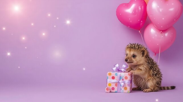 Adorable hedgehog with gift and heart balloons on purple background - Powered by Adobe