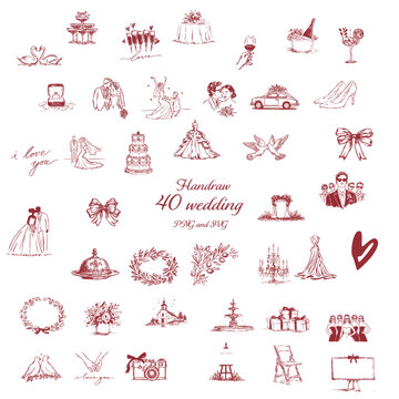 A hand-drawn collection of wedding illustrations including bride and groom, champagne, cake, rings, bows, florals and decor elements on white background. Concept of wedding stationery and romantic cel