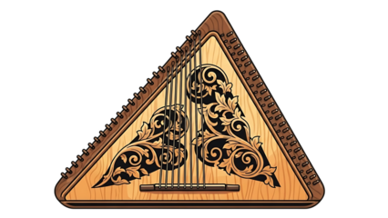 Ornate triangular wooden string instrument with golden floral scrollwork, reminiscent of a gusli