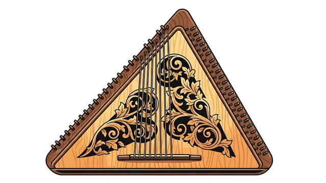 Ornate triangular wooden string instrument with golden floral scrollwork, reminiscent of a gusli