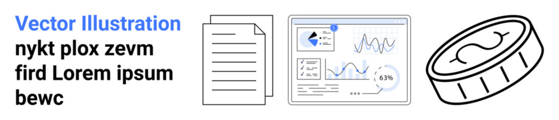 Financial management, data visualization, blockchain, cryptocurrency, business analysis, economy. Graphical dashboard, documents and coin icon. Financial management and data visualization concept