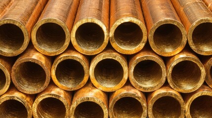 Several copper pipes are arranged in a stack inside a warehouse. The pipes show a smooth interior and shiny exterior. This setup is typical for industrial work