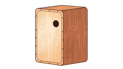 A simple illustration of a wooden cajon musical instrument with a circular sound hole and natural texture