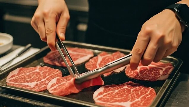 Chef preparing raw meat slices on a tray for cooking.