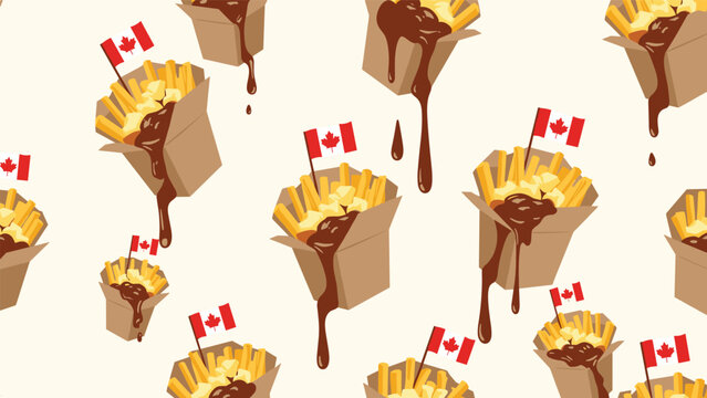 Delicious seamless pattern of traditional Canadian poutine in takeout boxes, featuring crispy fries, cheese curds, and rich gravy with flags.