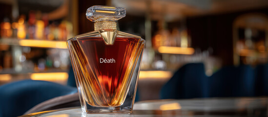 Bottle of expensive brandy, cognac, bourbon named "Death" on bar countertop