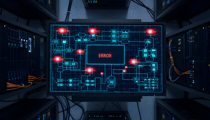Computer screen displaying an error message on a circuit diagram with interconnected nodes, symbolizing system failure or cybersecurity breach.