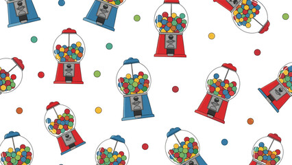 Obraz premium Fun and colorful seamless pattern featuring vintage red and blue gumball machines filled with candies, scattered on a white background with loose sweets.