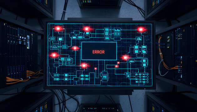 Computer screen displaying an error message on a circuit diagram with interconnected nodes, symbolizing system failure or cybersecurity breach. - Powered by Adobe