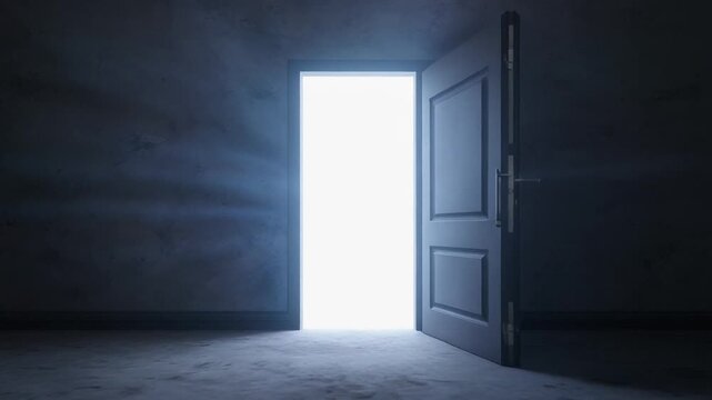 Dark room with door opening, bright white light flooding space, surreal 3D render in 4K.