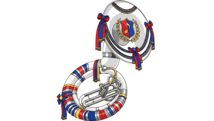 Ornate tuba with colorful decorative ribbons and emblems