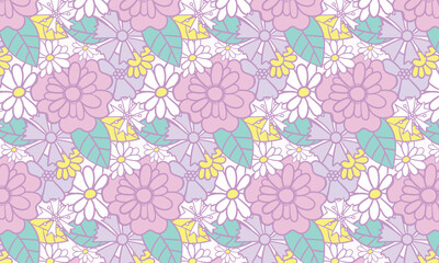 Seamless floral pattern featuring soft pastel flowers on a light lavender background.Perfect for spring, summer, fashion, and lifestyle projects.
