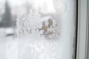 A Beautiful Winter Landscape Showcasing Delicate Snowflakes and Frosty Patterns on Windows