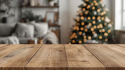 wooden table top with christmas lights in the background