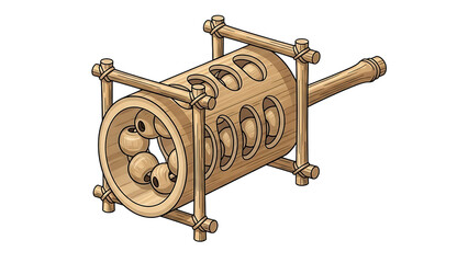 Traditional wooden cylindrical rattle musical instrument with wooden beads and a stick frame