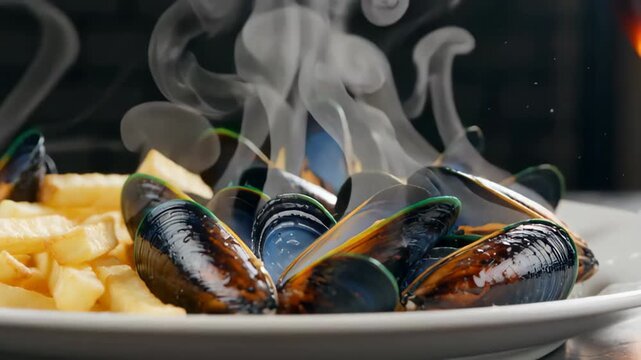 Freshly cooked mussels with steam rising served alongside golden fries on a white plate