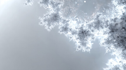 Un arri&egrave;re-plan de vide immacul&eacute; blanc et argent&eacute;, rempli de particules quantiques lumineuses et de g&eacute;om&eacute;trie fractale, laissant un espace libre sur la gauche