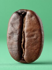 Coffee Bean Close-up: A singular coffee bean, richly roasted, presents a detailed view of its textured surface, promising the aroma and flavor of a perfect brew. 
