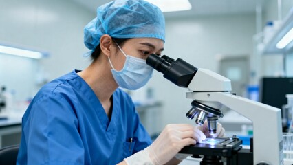 Scientist in lab examining sample under microscope