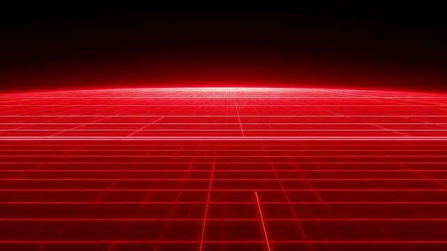 Red Glowing Grid Horizon with Parallel Lines and Infinite Perspective on Dark Background