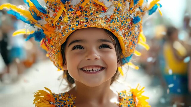 A cheerful child in a vibrant Rio-style costume dances enthusiastically on the streets of Santa Cruz de Tenerife during the lively Carnival parade, surrounded by confetti and happy spectators