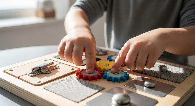 Child hands playing with colorful gears on a busy board. Toddler developing motor skills with interactive learning toy for early education.