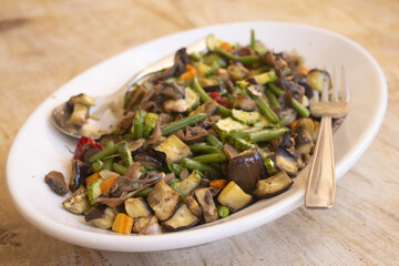 plant based vegetable stir fry with mushrooms and green beans