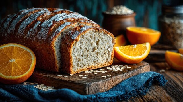 Freshly Baked Bread Loaf with Slices Surrounded by Orange Slices and Oats on Rustic Wooden Bread Board