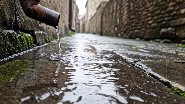 Water Dripping From Drainpipe Along Narrow Stone Alleyway After Rain