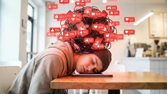 Exhausted man sleeping on tablet with tangled social media notification icons above head. Digital burnout and technology addiction concept in a cafe