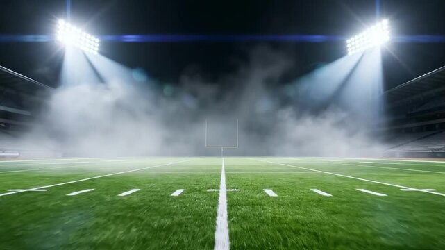 A dynamic forward shot moving across an empty American football field at night. Dramatic stadium with bright lights illuminating smoke on the green grass. Professional sports background