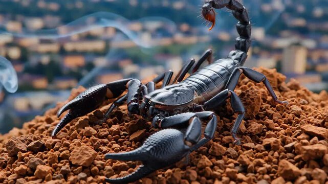 Close-up of a black scorpion on textured brown soil with a blurred urban landscape in the background