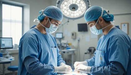 Portrait of Two Professional Surgeons  in a Successful Operation. In the Background Modern Hospital Operating Room.