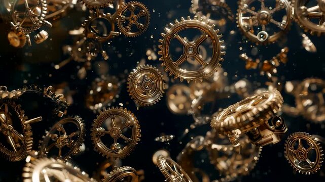 Golden Clock Gears and Parts Floating with Bubbles in Dark Underwater Mechanical Scene