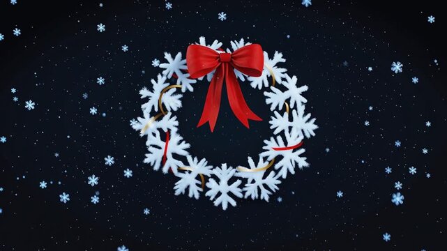 Snowflakes gather to form a Christmas wreath pattern, with a bow slowly unfolding at the center. The black background is accented with white snowflakes and red and gold decorations