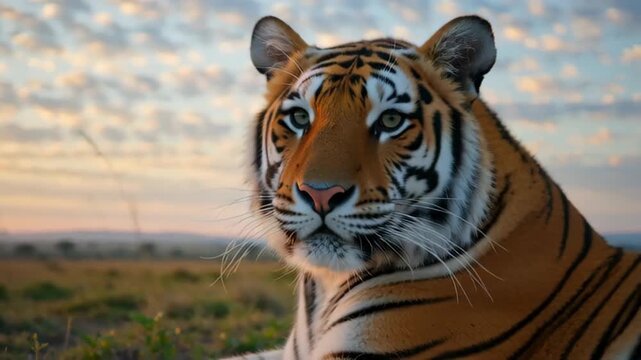 Close-up view of a tiger resting in a serene landscape during sunset, highlighting its powerful gaze and vibrant fur patterns